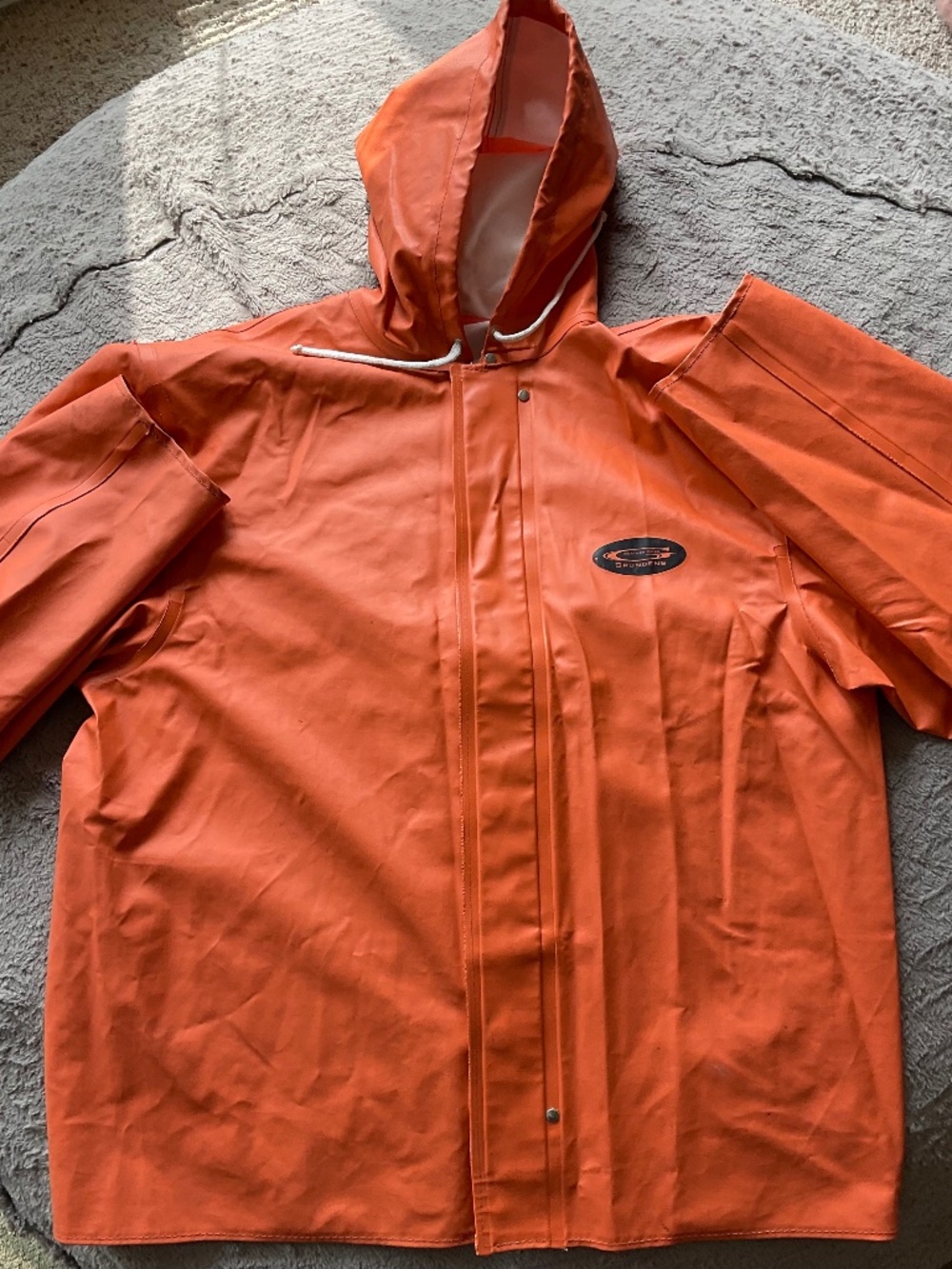 Grundens- clipper waterproof, heavy duty, rain jacket, orange hooded parka